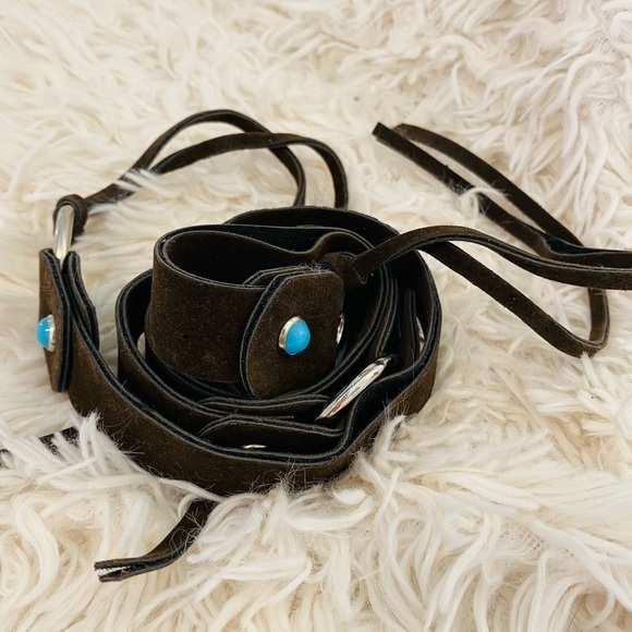 Brown Microsuede Turquoise Beads Fringe Tie Belt Adjustable Sizing 47” total - Picture 5 of 12